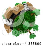 Poster, Art Print Of 3d Roadway With Big Rig Trucks Transporting Boxes Driving Around A Grassy Planet With Trees On White 2