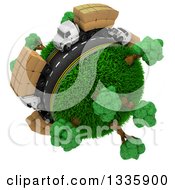 Poster, Art Print Of 3d Roadway With Big Rig Trucks Transporting Boxes Driving Around A Grassy Planet With Trees On White 3