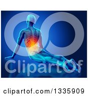 Poster, Art Print Of 3d Anatomical Man Stretching On The Floor In A Yoga Pose With Visible Skeleton And Glowing Back Pain On Blue