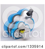 3d Black Hd Cctv Security Surveillance Camera Mounted On Cloud Icon With Folders In A Filing Cabinet On Off White