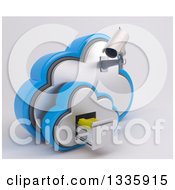 3d White Hd Cctv Security Surveillance Camera Mounted On Cloud Icon With Folders In A Filing Cabinet On Off White