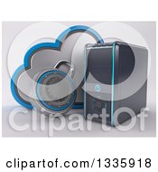 3d Pc Desktop Computer Tower And Cloud Security With A Padlock On Shading