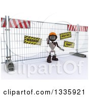 Clipart Of A 3d Red Android Robot Construction Worker Gesturing To Stop In Front Of A Barrier On Shading Royalty Free Illustration