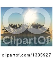 Poster, Art Print Of 3d Reflection And A Tropical Island With Palm Trees Against A Shining Sun