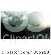 Clipart Of A 3d Dark Tropical Sunset With An Island And Silhouetted Palm Trees Royalty Free Illustration