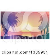 3d Tropical Sunset Framed By Silhouetted Palm Trees