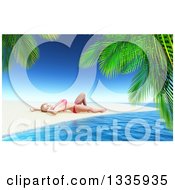 Poster, Art Print Of 3d Caucasian Woman In A Bikini Sun Bathing On A Tropical Beach Framed With Palm Branches