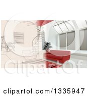 Poster, Art Print Of 3d Half Contemporary Living Room Interior And Half Sketched