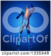 Poster, Art Print Of 3d Rear View Of A Medical Anatomical Male Reaching Back With Visible Flaming Neck Vertebrae Pain And Muscles On Blue