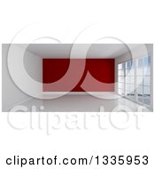 Clipart Of A 3d Empty Room Interior With Floor To Ceiling Windows White Flooring And A Red Feature Wall Royalty Free Illustration