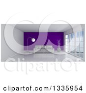 Poster, Art Print Of 3d White Room Interior With Floor To Ceiling Windows A Purple Feature Wall And Furniture