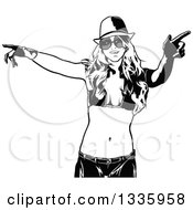 Clipart Of A Grayscale Party Woman In A Bikini Top And Sunglasses Gesturing With Her Hands Royalty Free Vector Illustration