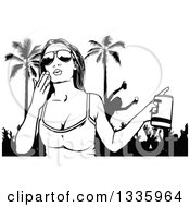 Poster, Art Print Of Black And White Woman Wearing Sunglasses Holding A Beer And Blowing A Kiss Over Spring Break Party People And Palm Trees