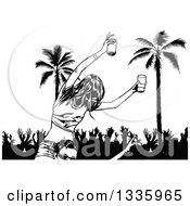 Poster, Art Print Of Black And White Woman Holding Beer On Someones Shoulders Over Party People And Palm Trees