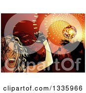 Poster, Art Print Of Young Woman Shouting And Dancing Over A Crowed And Orange Disco Ball