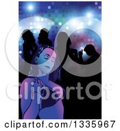 Poster, Art Print Of Young Woman In A Bikini Top Against Silhouetted People In A Night Club Over Lights