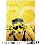 Clipart Of A Young Man Wearing Sunglasses And Doing Hand Gestures Over A Party Crowd And Yellow Disco Ball Royalty Free Vector Illustration by dero