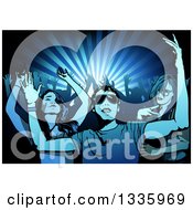 Poster, Art Print Of Young People Dancing In A Crowd With Silhouetted Arms Over Blue Rays