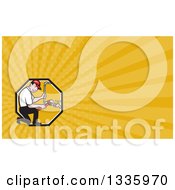 Poster, Art Print Of Cartoon White Male Plumber Working On Pipes In A Circle And Yellow Rays Background Or Business Card Design