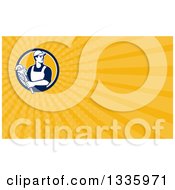 Clipart Of A Retro Male Plumber Holding A Monkey Wrench In A Circle And Yellow Rays Background Or Business Card Design Royalty Free Illustration