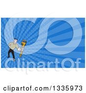 Poster, Art Print Of Cartoon White Male Plumber Holding Out A Monkey Wrench And Blue Rays Background Or Business Card Design