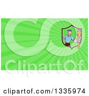 Poster, Art Print Of Cartoon White Male Plumber Holding A Monkey Wrench Emerging From A Shield And Bright Green Rays Background Or Business Card Design