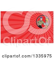 Poster, Art Print Of Cartoon White Male Plumber Holding A Monkey Wrench Emerging From A Circle And Red Rays Background Or Business Card Design