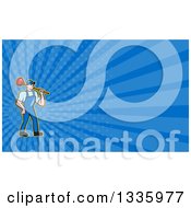 Poster, Art Print Of Cartoon White Male Plumber Carrying A Plunger Over His Shoulder And Blue Rays Background Or Business Card Design
