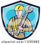 Poster, Art Print Of Cartoon White Male Construction Worker Holding A Giant Spanner Wrench Against His Shoulder In A Blue And White Shield