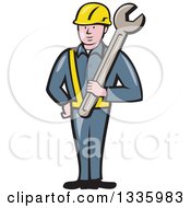 Poster, Art Print Of Cartoon White Male Construction Worker Holding A Giant Spanner Wrench Against His Shoulder
