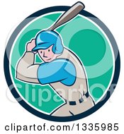 Poster, Art Print Of Cartoon White Male Baseball Player Athlete Batting In A Blue White And Turquoise Circle