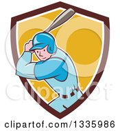 Poster, Art Print Of Cartoon White Male Baseball Player Athlete Batting In A Brown White And Yellow Shield