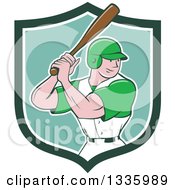 Poster, Art Print Of Cartoon White Male Baseball Player Athlete Batting In A Black White And Blue Shield