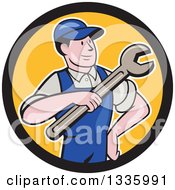 Poster, Art Print Of Cartoon Proud White Male Mechanic Holding A Wrench In A Black And Yellow Circle
