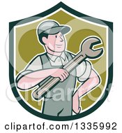 Poster, Art Print Of Cartoon Proud White Male Mechanic Holding A Wrench In A Green And White Shield