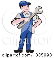 Poster, Art Print Of Cartoon Proud White Male Mechanic In Blue Overalls Holding A Wrench