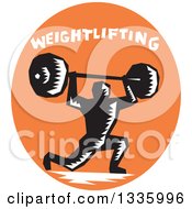 Poster, Art Print Of Retro Black And White Woodcut Bodybuilder Male Athlete Doing Lunges With A Barbell With Text In An Orange Oval