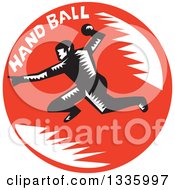 Poster, Art Print Of Retro Black And White Woodcut Male Handball Player In Action With Text In A Red Circle