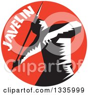 Poster, Art Print Of Retro Black And White Woodcut Male Track And Field Athlete Throwing A Javelin With Text In A Red Circle