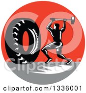 Retro Black And White Woodcut Athlete Swinging A Sledgehammer At A Giant Tire In A Red And Gray Circle