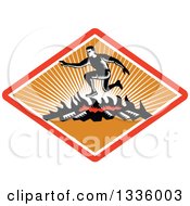 Retro Black And White Woodcut Man Jumping Over A Fire In An Obstacle Course Inside A Red White And Orange Ray Diamond