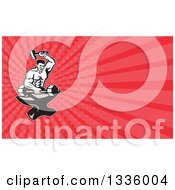 Clipart Of A Retro Blacksmith Hammering A Barbell On An Anvil And Red Rays Background Or Business Card Design Royalty Free Illustration