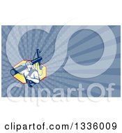 Clipart Of A Retro Lineman Worker Carrying A Pole And Cable And Blue Rays Background Or Business Card Design Royalty Free Illustration