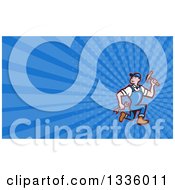 Poster, Art Print Of Cartoon White Male Builder Running With Tools And Blue Rays Background Or Business Card Design