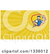 Clipart Of A Cartoon White Male Builder With Tools And Yellow Rays Background Or Business Card Design Royalty Free Illustration