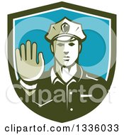 Poster, Art Print Of Retro White Male Police Officer Gesturing Stop With His Hand Inside A Green White And Blue Shield