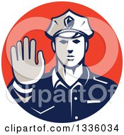 Poster, Art Print Of Retro White Male Police Officer Gesturing Stop With His Hand Inside A Red Circle