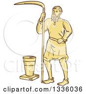 Poster, Art Print Of Retro Sketched Or Engraved Medieval Male Farmer With A Scythe And Bucket