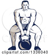 Retro Muscular Male Bodybuilder Athlete Squatting With A Kettlebell