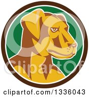 Clipart Of A Retro Labrador Retriever Dog Head In A Brown White And Green Circle Royalty Free Vector Illustration